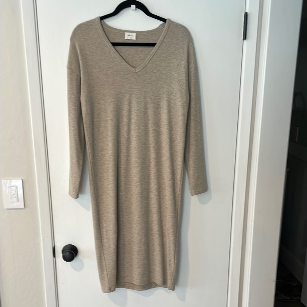 Aritzia Wilfred Tan Long Sleeve V-Neck Sweater Dress